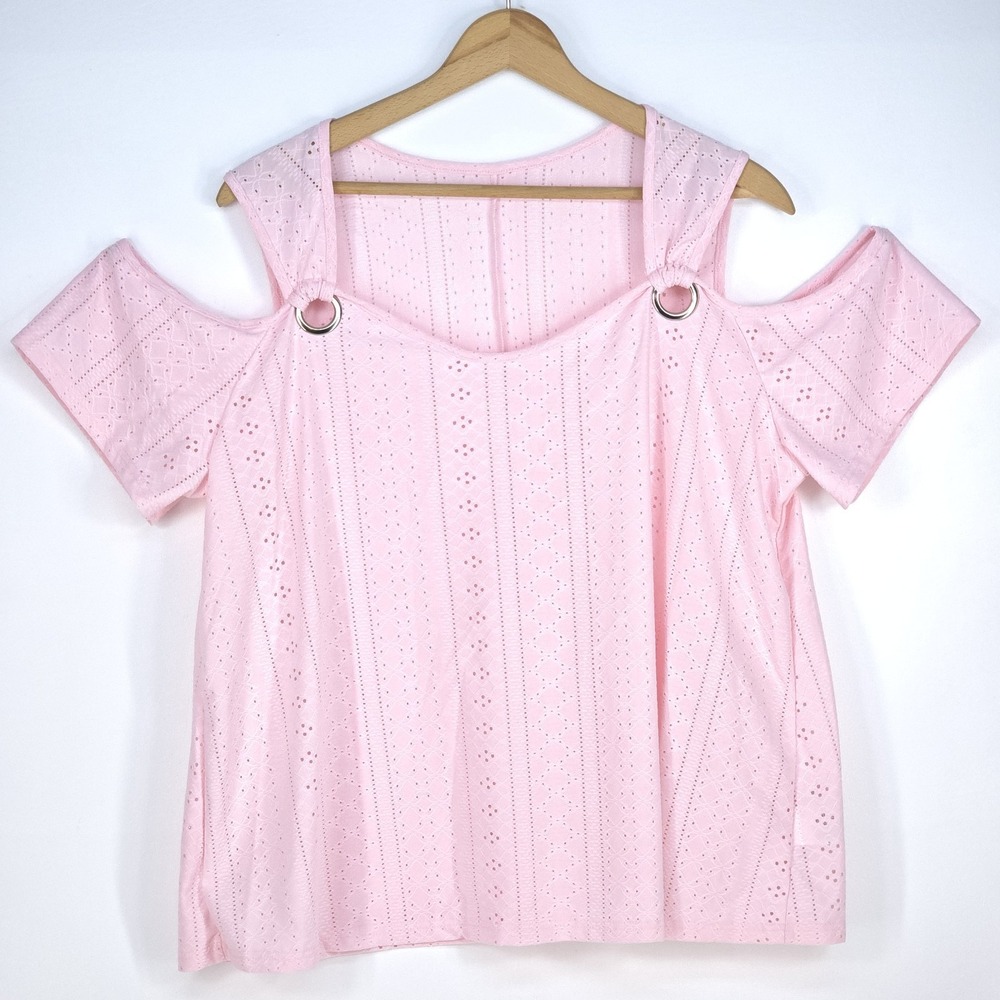 Pink Cold Shoulder Top Womens 4XL Flutter Sleeve O-Ring Bohemian Office Career